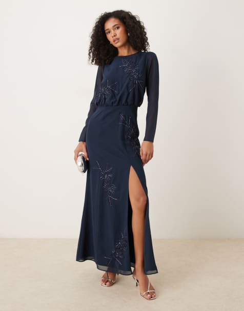 Maya Embroidered long sleeve maxi dress in navy