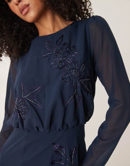 Maya Embroidered long sleeve maxi dress in navy