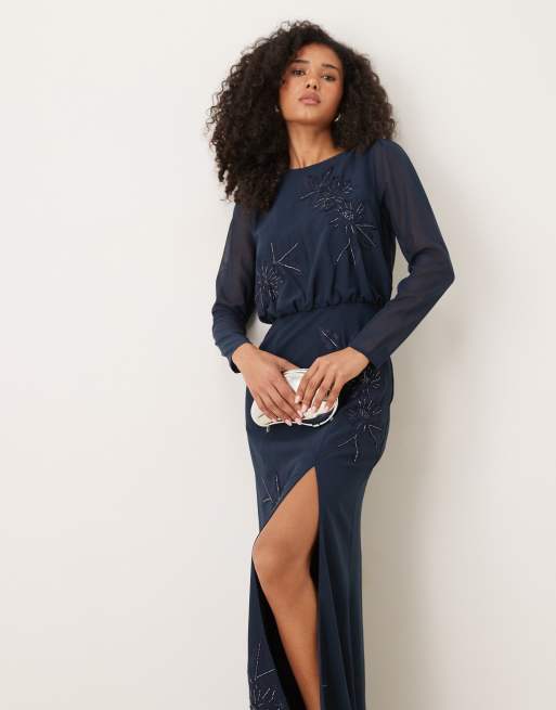 Maya Embroidered long sleeve maxi dress in navy