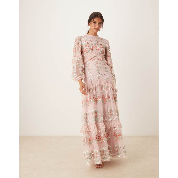 green emerald velvet dress Peach Floral Embroidered Midi Dress - All Dresses