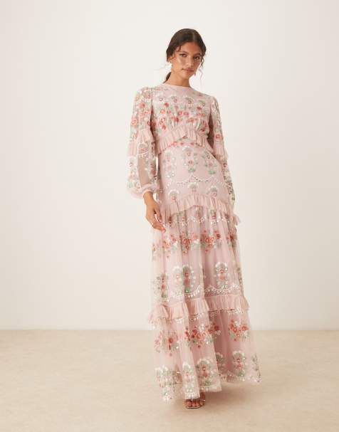 Maya Embroidered long sleeve maxi dress in pale peach