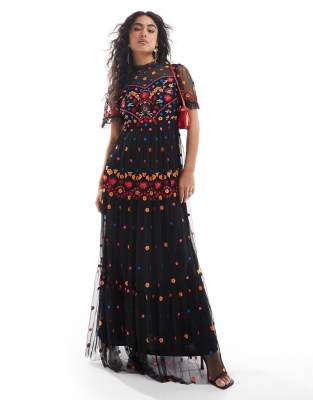 Maya Embroidered maxi dress in black