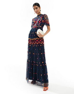 embroidered maxi dress with bold floral in navy-Blue