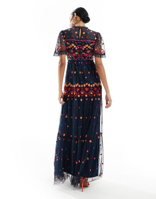 Maya embroidered maxi dress with bold floral in navy