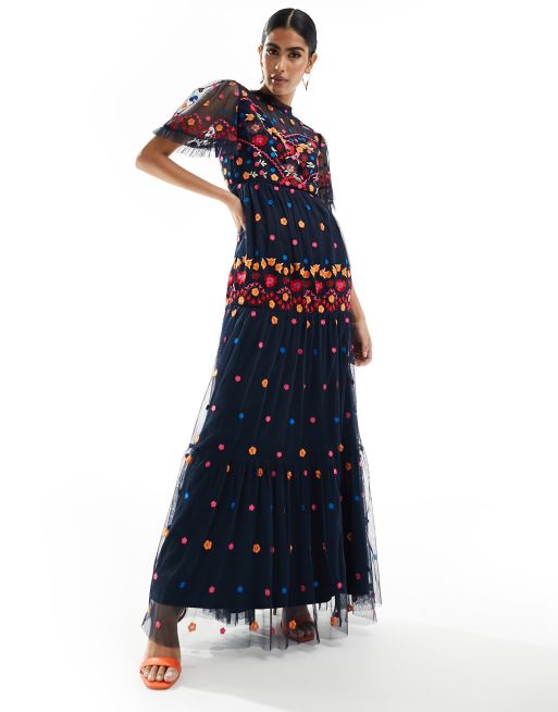 Maya embroidered maxi dress with bold floral in navy