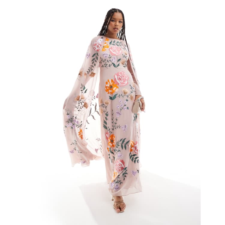 Maya embroidered maxi dress with cape in beige ASOS