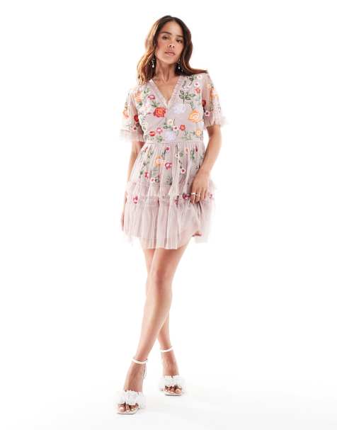 Maya embroidered mini dress with lace trims in taupe - view 1
