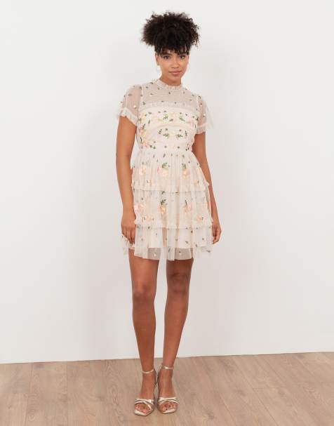 Maya Embroidered short sleeve high neck mini dress in multi - view 1