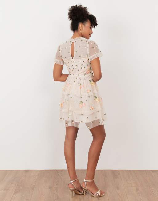 Maya Embroidered short sleeve high neck mini dress in multi, 2 of 4