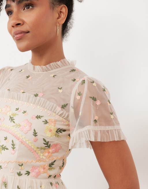 Maya Embroidered short sleeve high neck mini dress in multi, 4 of 4