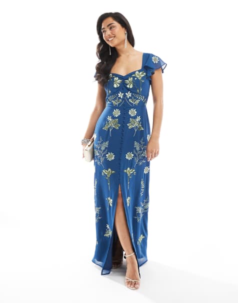 Maya Embroidered short sleeve keyhole back maxi dress in blue