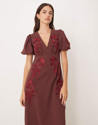 Maya Embroidered Short Sleeve V Neck Midaxi Dress In Brown