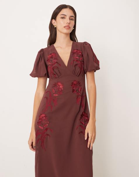 Maya Embroidered short sleeve v neck midaxi dress in brown - view 1