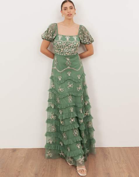 Maya Embroidered square neck puff sleeve maxi dress in green - view 1