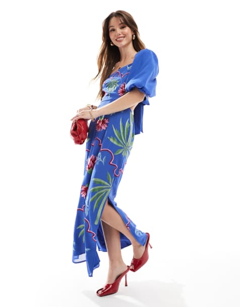 Maya Embroidered tie back midaxi dress in blue