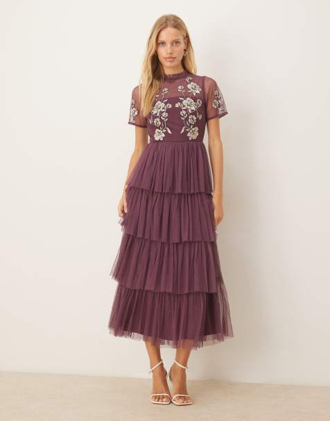 Maya Embroidered tiered midaxi dress in berry