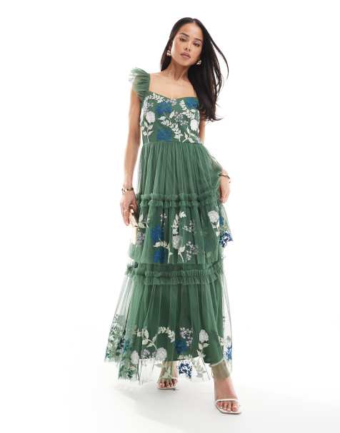 Maya Embroidered tiered midaxi dress in mid green - view 1