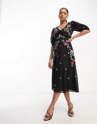 Maya embroidered v neck midi dress in black - ASOS Price Checker