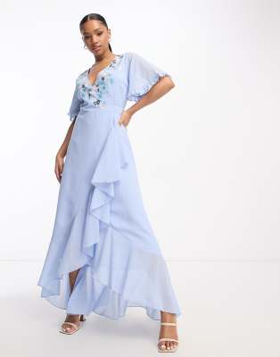 Maya Embroidered Wrap Dress In Baby Blue