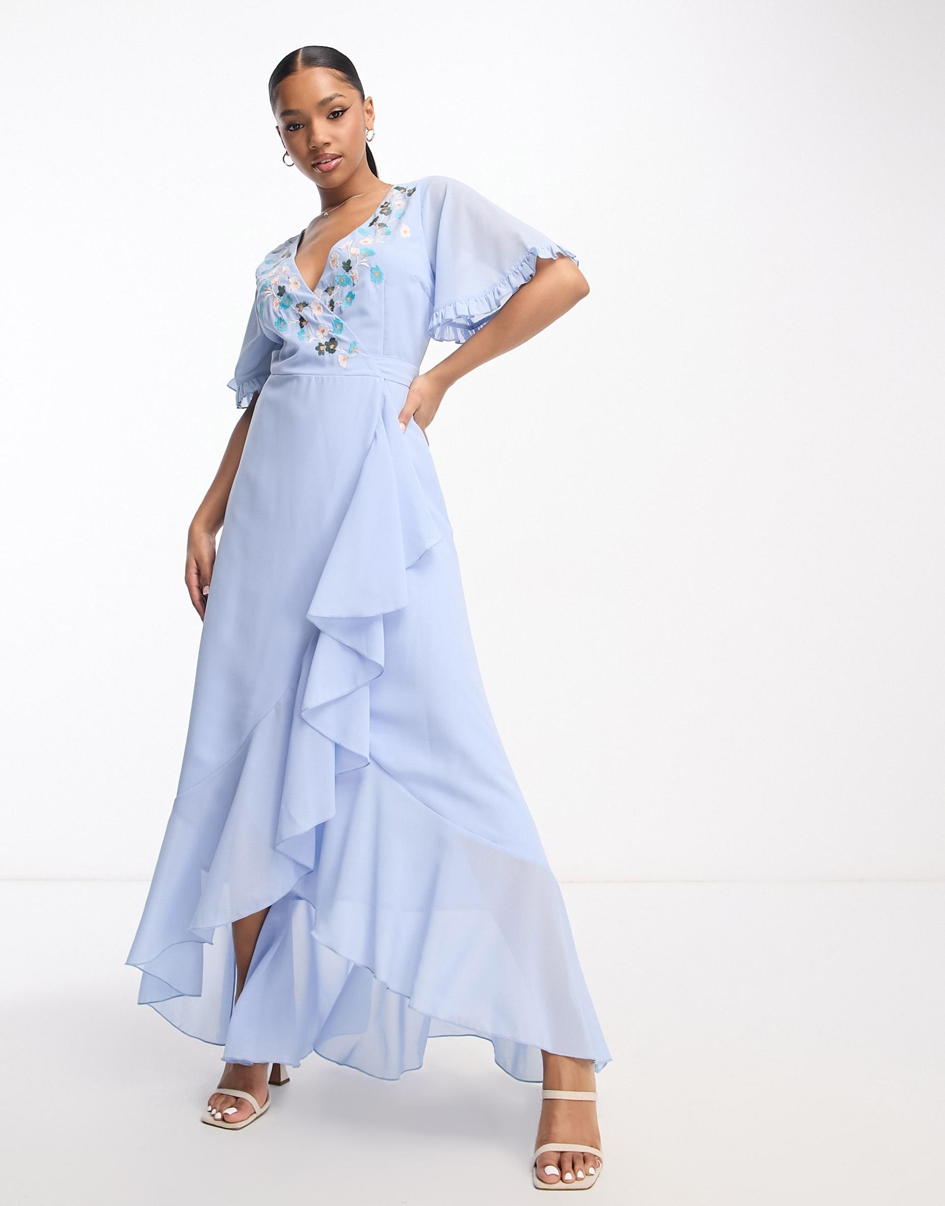 maya embroidered wrap dress in baby blue