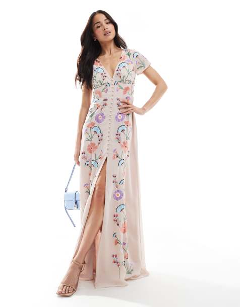 Maya Embroidery & faux button front maxi dress in multi