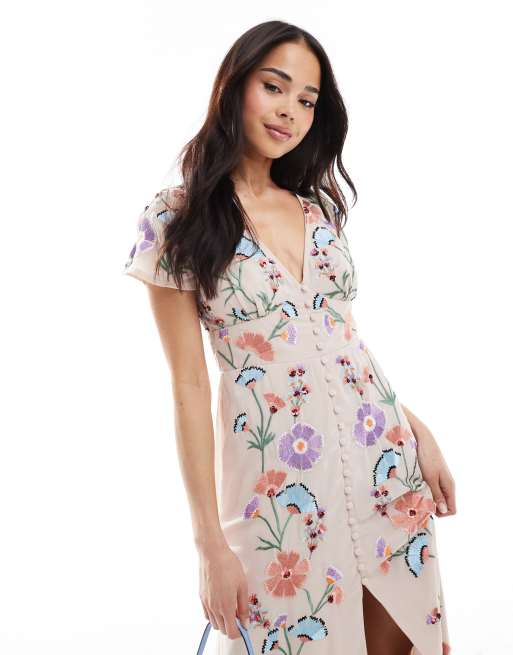 Maya Embroidery & faux button front maxi dress in multi, 3 of 4