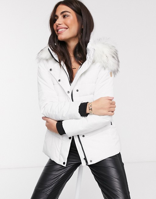 Maya faux fur puffer jacket with belt in white