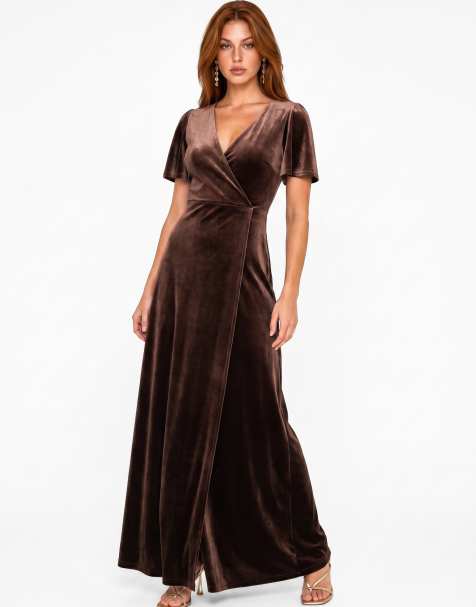 Maya Faux wrap short sleeve velvet maxi dress in chocolate - view 1