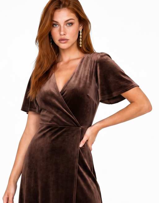 Maya Faux wrap short sleeve velvet maxi dress in chocolate, 4 of 7