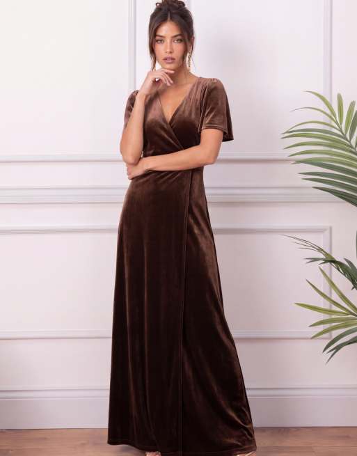 Maya Faux wrap short sleeve velvet maxi dress in chocolate, 6 of 7