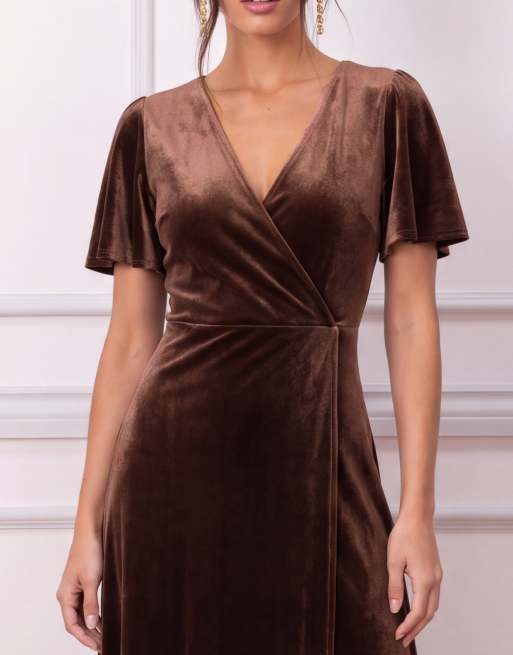 Maya Faux wrap short sleeve velvet maxi dress in chocolate, 7 of 7