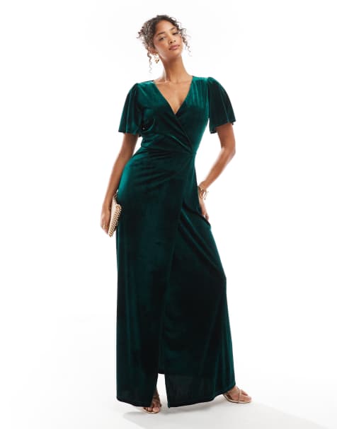 Maya Faux wrap velvet bridesmaid maxi dress in emerald green