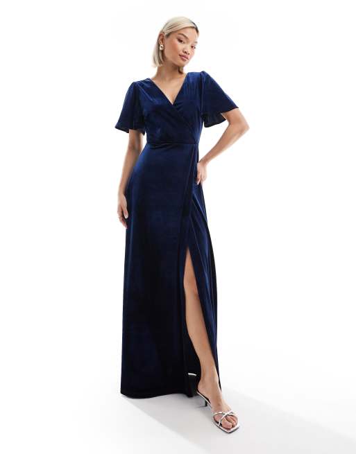 Maya Faux wrap velvet maxi dress in navy ASOS