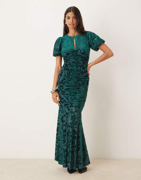 Maya Flocked velvet ruched maxi dress in teal