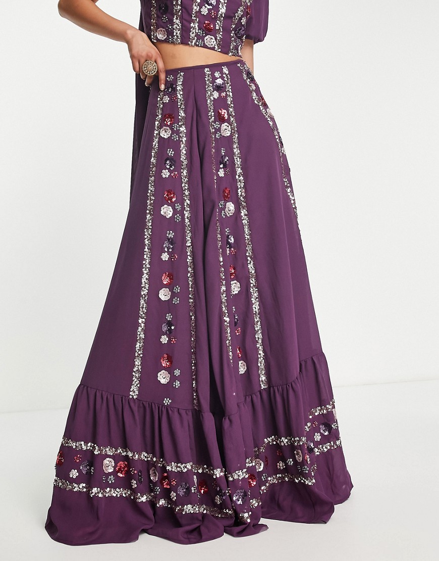 Maya floral and stripe embellished maxi skirt in plum co-ord-Purple