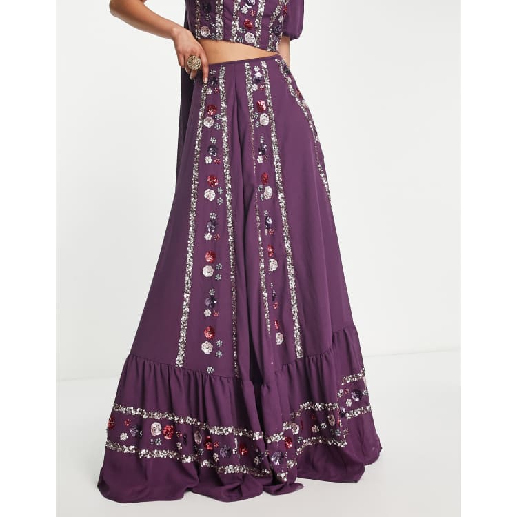 Maya floral and stripe embellished maxi skirt in plum co-ord | ASOS