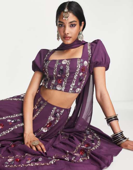 Maya floral and stripe embellished lehenga in plum co-ord | ASOS