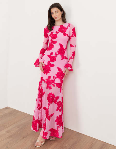 Maya Floral applique long sleeve mesh maxi dress in hot pink