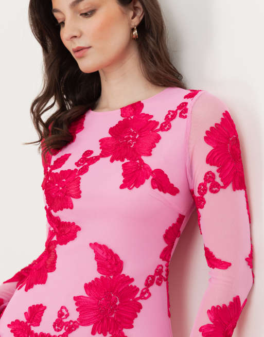 Maya Floral applique long sleeve mesh maxi dress in hot pink, 2 of 4