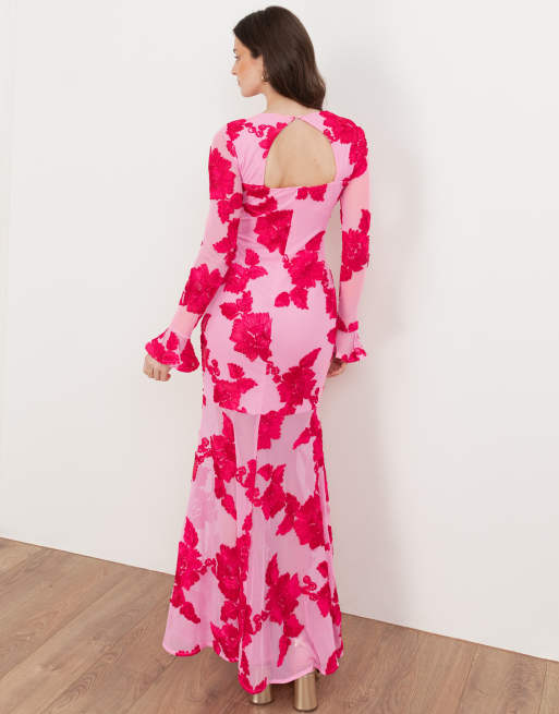 Maya Floral applique long sleeve mesh maxi dress in hot pink, 3 of 4
