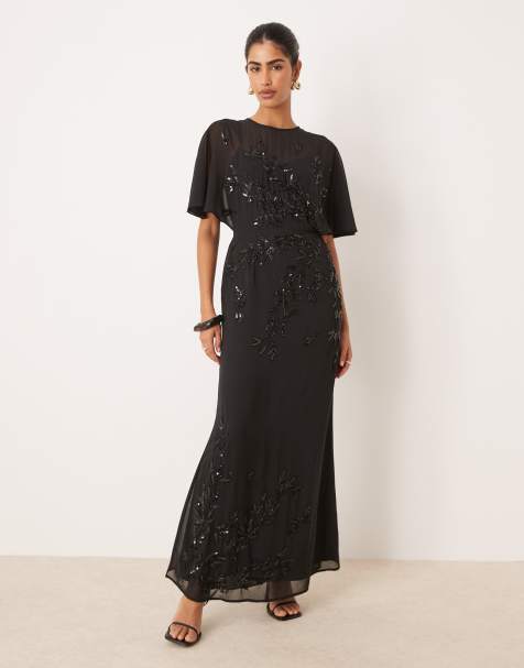 Maya Floral embellished angel sleeve maxi dress in black