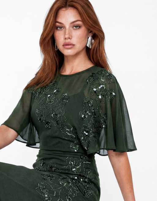 Maya Floral embellished angel sleeve maxi dress in forest green, 3 of 7