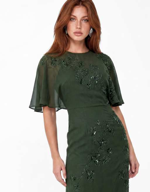 Maya Floral embellished angel sleeve maxi dress in forest green, 4 of 7
