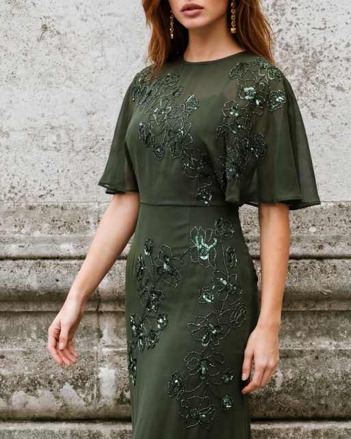Maya Floral embellished angel sleeve maxi dress in forest green, 6 of 7