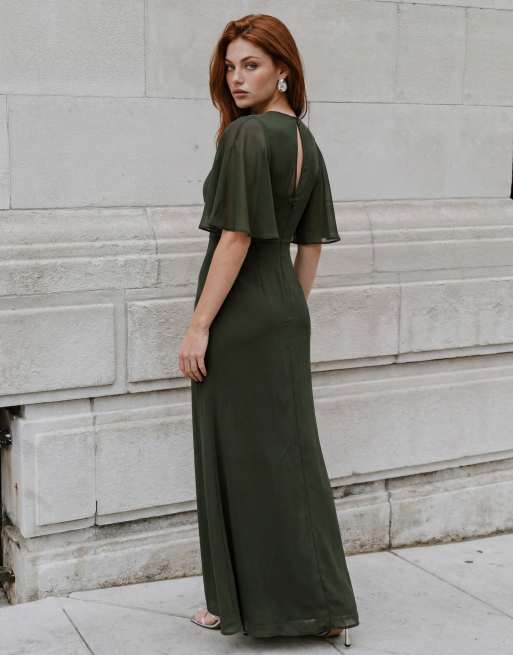 Maya Floral embellished angel sleeve maxi dress in forest green, 7 of 7