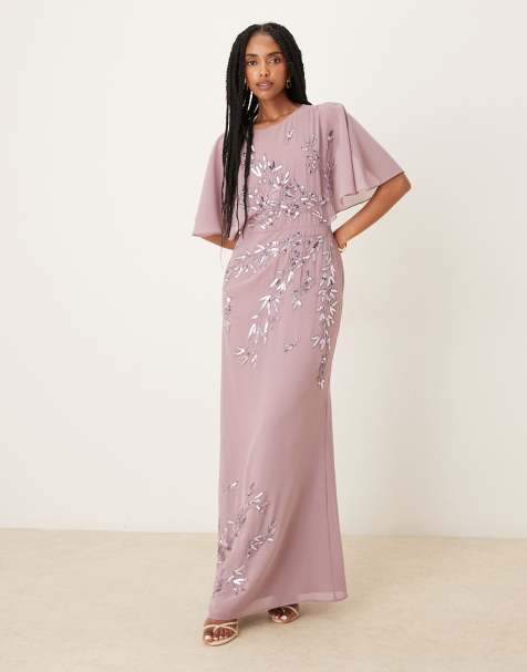 Maya Floral embellished angel sleeve maxi dress in moody lilac