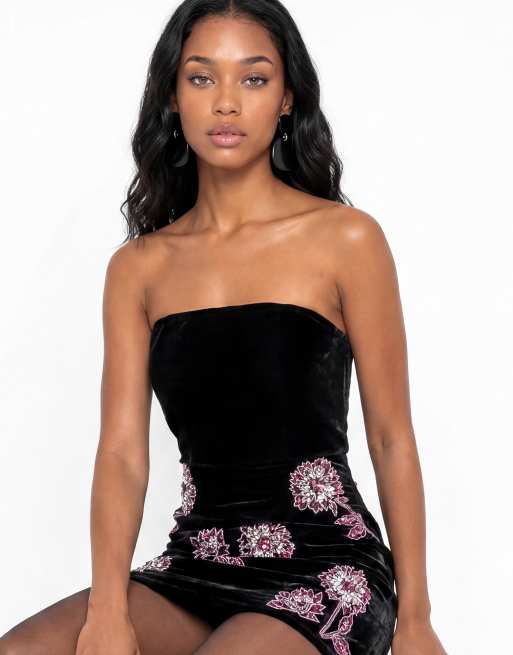 Maya Floral embellished bandeau velvet mini dress in black, 3 of 7