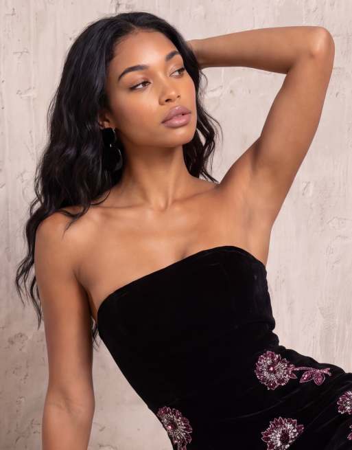 Maya Floral embellished bandeau velvet mini dress in black, 7 of 7