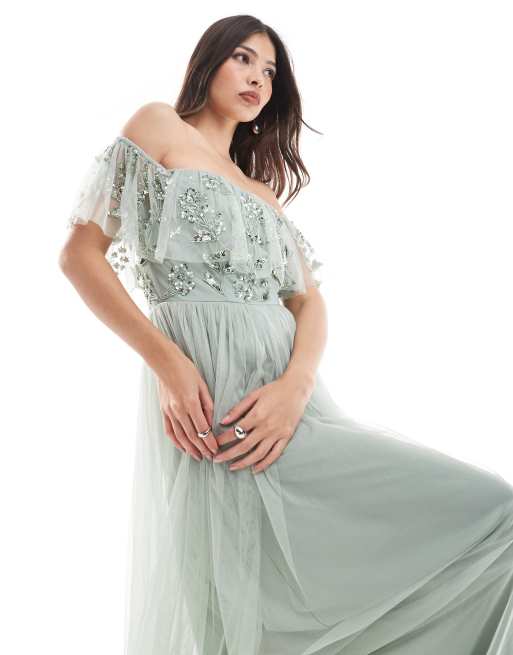 Maya Floral embellished bardot bridesmaid maxi dress in sage green ASOS