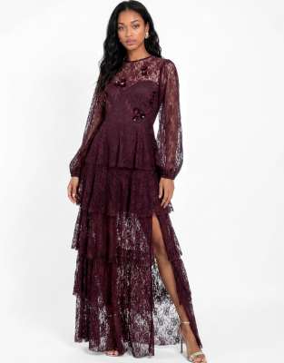 Maya Floral Embellished Blouson Sleeve Tiered Lace Maxi Dress In Purple